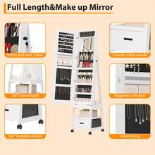 Organizador de joyas con espejo de longitud completa, clóset de joyería con cerradura de 66 pulgadas con luz LED, clóset de almacenamiento de joyería de pie con estante trasero y cajón - Blanco - Ver 7