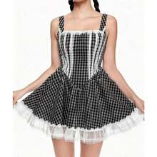 Women's Vintage Plaid Print Mini Corset Dress Halloween Costume Sleeveless Tank Dress Cosplay Outfit For Holiday Party - 黑色 - 查看 2