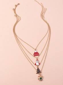 4pcs Minimalist Christmas Tree & Snowman Necklace Set, Everyday Wear Necklace With Pendant, Charm, Bell For Women