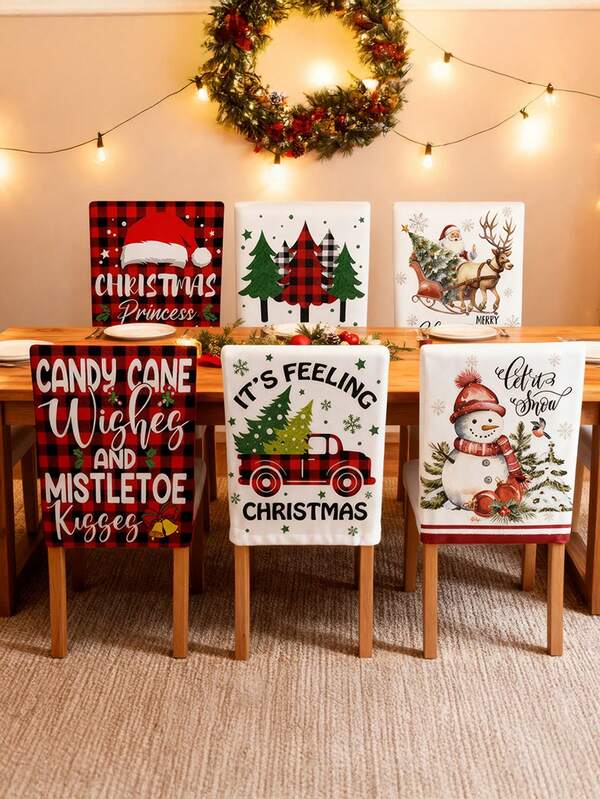Zestaw 1-częściowy, zestaw 6-częściowy pokrowców na krzesła restauracyjne, czarno-czerwony wzór w kratkę świąteczną, czysto biały wzór czapki bożonarodzeniowej ze bałwanem w kreskówkowym stylu, zdejmowany pokrowiec na krzesło do kuchni i restauracji na przyjęcie.