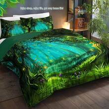 Forest Comforter Set Full Size Premiuicrofiber Green Forest Mushroom Butterfly Flower Pattern Comforter 3 Piece Aesthetic Green Bedding Set With 2 Pillow Shams,23456153 - 綠色 - 查看 2