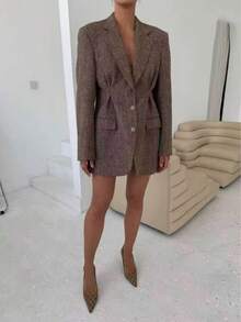 新款秋冬女装外套人字呢毛呢加厚金属绒纽扣装饰腰翻领休闲西装外套通勤优雅日常办公室夹克套装 - 咖啡棕 - 查看 8