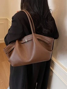 1pc Solid Color PU Leather Shoulder Bag, Women's Vintage Fashion Large Capacity Handbag With Dual Handles And Snap Closure, Suitable For Travel, Shopping, Dating, Women's Gift, Suitable For Teenage Girls, College Students, And Office Ladies, Great For Office, School, Work, Business, Commuting, Outdoor, Travel, Picnic - Coffee - View 3