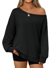 Women Off The Shoulder Sweatshirt Oversized Tops Fall Outfits 2025 Y2k Clothes Fashion Clothing  Tophalloween - 黑色 - 查看 11