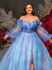 VIPGIRL Elegant Plus Size Off-Shoulder Long Sleeve Bishop Sleeve Evening Dress, Mesh Fabric With Slit Design, Suitable For Formal Banquets - Blue - View 7