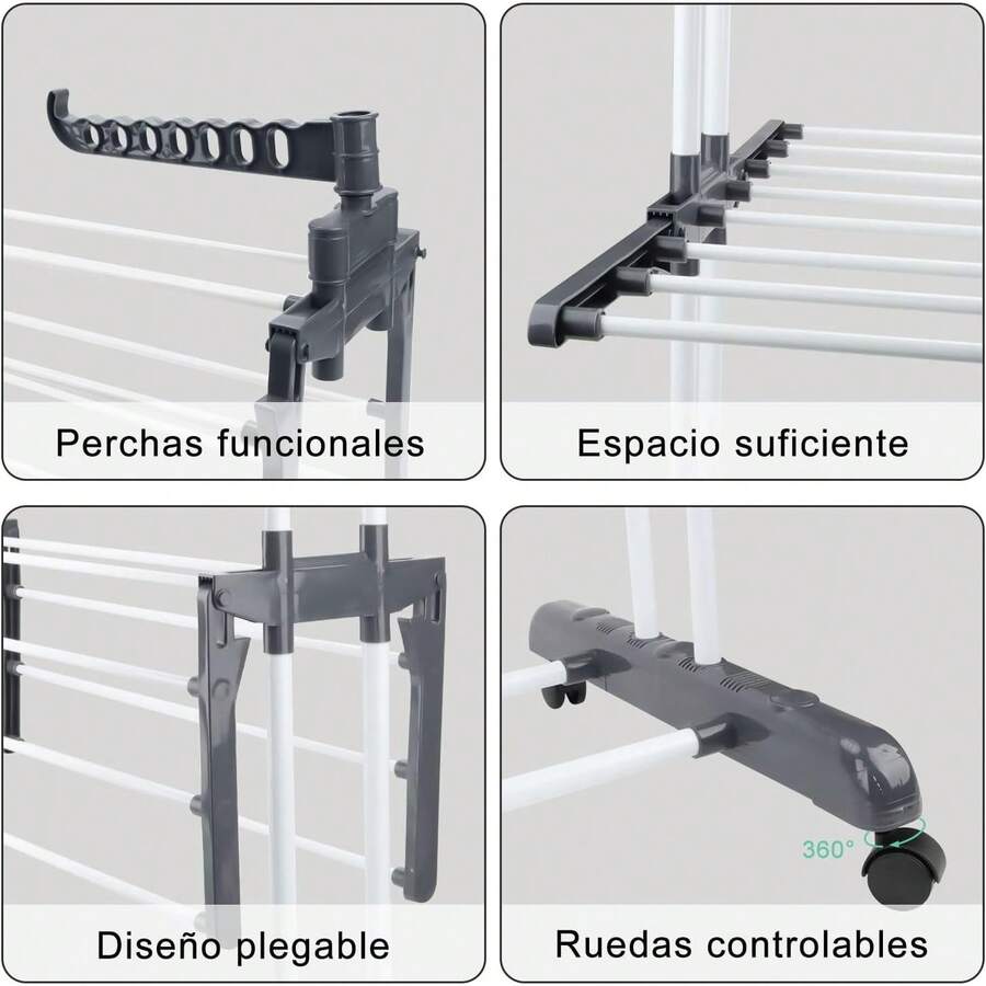 Tendedero Vertical Plegable 4 Niveles, para Ropa Airer de Metal Acero Inoxidable,Soportes Tendederos Portátil,Rack Retráctil para Ropa con Alas Laterales y Ruedas - 1 - Ver 1