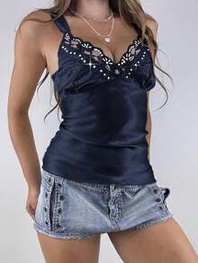 Y2K Style Solid Deep V-Neck Strap Tank Backless Fitted Sexy Lace Camisole Top Streetwear Graduation Outfit Suitable For Summer Beach Vacation, Date, Music Festival And Concert,4th Of July USA