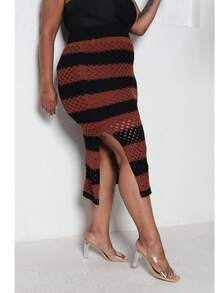 Plus Size Midi Skirt With Openwork Fabric In Modal Knit, Elegant, Casual - Black With Brown - View 5
