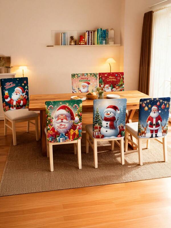 Conjunto de peça única, conjunto de seis peças, capa para cadeira de restaurante, padrão de capa para cadeira da série Papai Noel, cena de boneco de neve de desenho animado e outros padrões, capa para cadeira destacável para festa em restaurante de cozinha