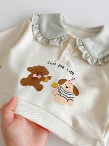 2 件套女婴可爱荷叶边领卡通熊和狗印花运动衫 + 粉色抽绳裤舒适休闲宽松装，春秋 - 杏色 - 查看 11