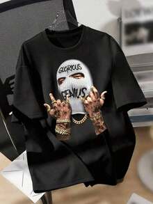 Camiseta de manga corta semitransparente ligera  con cuello redondo y estampado de persona con máscara para hombre - Negro - Ver 8