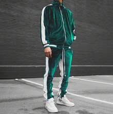2025 New Men's Velvet Tracksuit Set, Retro Sport Style Zipper Jacket & Joggers, Y2K Streetwear Oversized Comfort Fit, Couple Matching Casual Outfit, Winter Warm Fleece Lined Athflow Velour Lounge Set - 綠色 - 查看 8