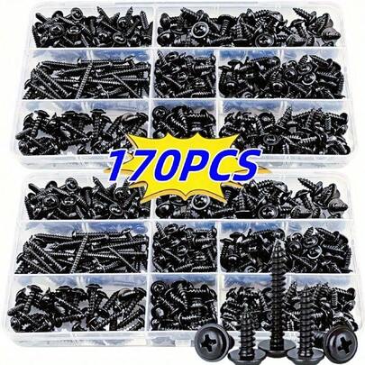 170pcs M3/M4/M3.5/M4.8 Size Self-Tapping Screw Set, Black Carbon Steel Flat Head Screws, Suitable For Wooden Furniture
