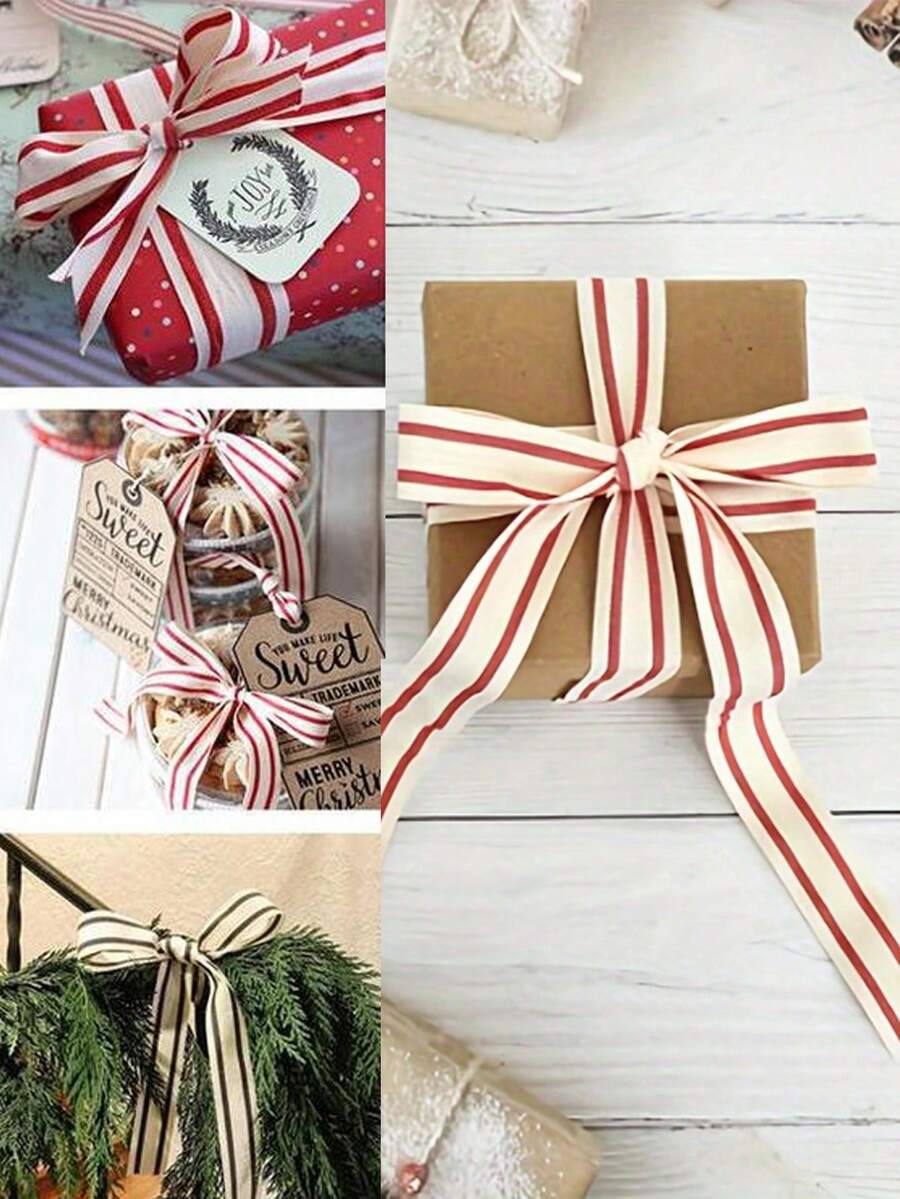 5 Yard Roll Christmas Striped Ribbon,Gift Wrap Ribbon Natural Craft Accessory Satin Ribbon, DIY Crafts, Holiday Wedding Valentine's Christmas Birthday Party Decorations Valentine's Day