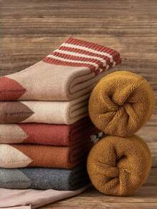 1/5/10 Pairs Women's Calf-Length Socks, Thermal Lined Socks, Striped Pattern, Women's Thick And Warm Socks, Student Socks, Couple Socks, Long Socks, Women's Socks, Suitable For Winter Daily Wear, Office, Home, Sports