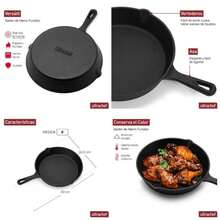 Juego de 3 Sartenes de Hierro Fundido con Largo, Previamente Curado, Cast - Iron Skillet, Set de 3 piezas 6 8 y 10 Negro - 8" (20 cm) - Ver 1