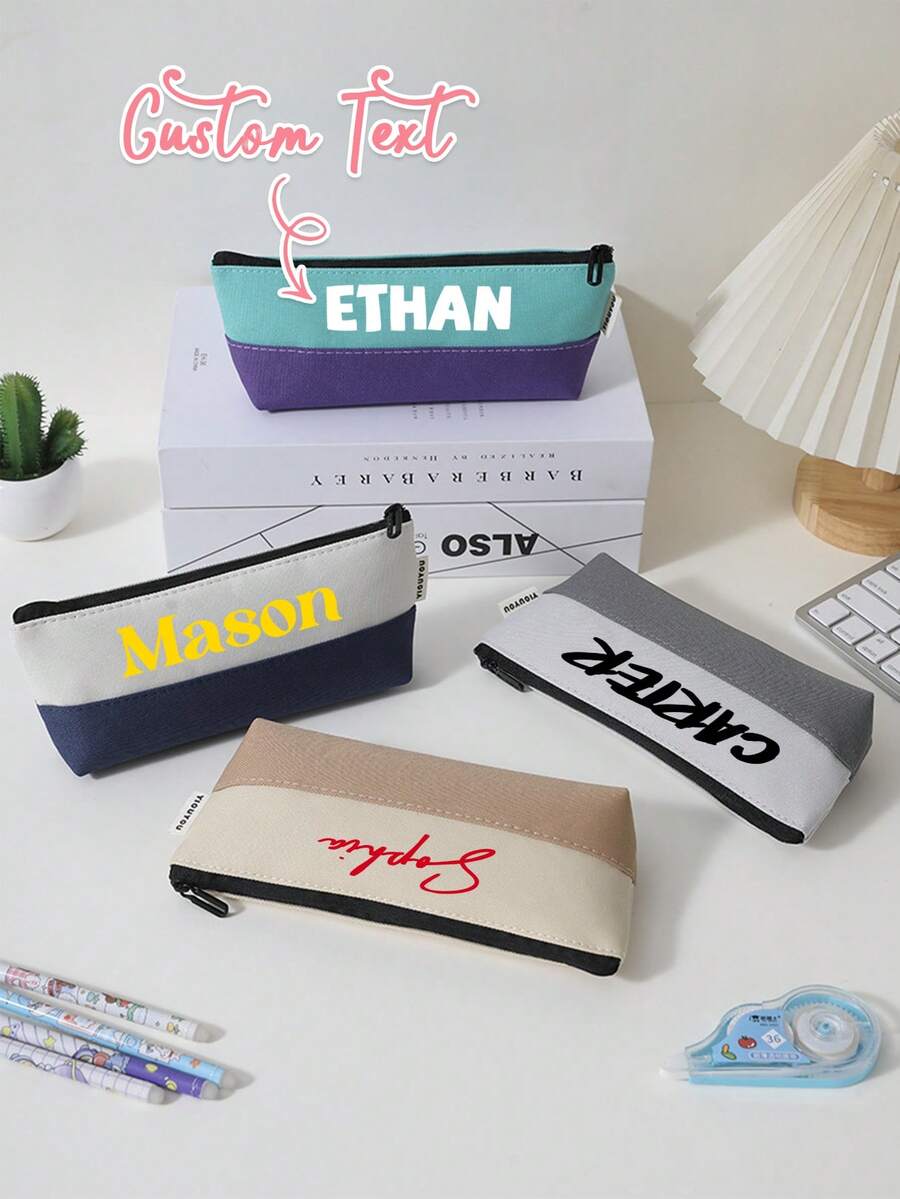 Penar personalizabil, text personalizabil, geantă de creioane din pânză Oxford de mare capacitate, penar personalizat cu model patchwork în două culori, ideal pentru ziua de naștere, aniversare, cadouri de Crăciun pentru prietenă, familie, prieteni, colegi de clasă, profesori, colegi