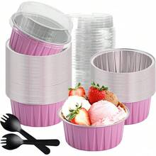 60 moldes para tartas con tapas, tazas redondas de aluminio de 5 onzas para hornear, ramekins desechables de 125 ml, moldes para magdalenas, magdalenas de postre para bodas, fiestas de cumpleaños - Rosa - Ver 2