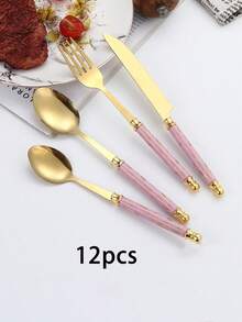 4-24pcs Marble Pattern Handle Knife Fork Spoon Set, Stainless Steel Western Cutlery Set, Steak Knife Fork Spoon Dessert Spoon Tableware Set