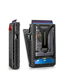 Wallet For Men, Men's Leather Smart Money Clip Wallet RFID Blocking Minimalist Bifold Pop Up Aluminum Alloy Magnetic Credit Card Case Holder With ID Window - Black Carbon Fiber - View 9