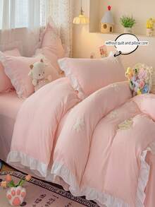 彩色蝴蝶结刺绣荷叶边被套套装，白色三件套，包含1个被套和2个枕套，超柔软透气时尚床上用品 - 粉色 - 查看 4