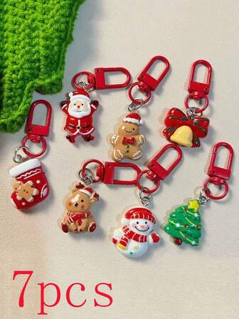 7pcs Cartoon Christmas Keychains, Cute Reindeer, Santa Claus, Snowman Backpack Pendant Accessories