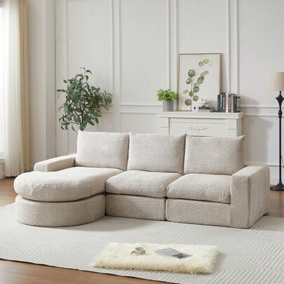 Canapé chenille avec éléments courbes et chaise longue, entièrement comprimé et sans cadre, canapé combiné modulaire L-lounge, canapé à compression en mousse, aucun assemblage requis