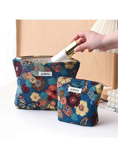 Borsa per il trucco da donna, profumo blu, grande capacità per assorbenti igienici, ritocchi, accessori per il trucco, borsa di tela per il trasporto, borsa da toilette