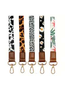 5 piezas de llavero con estampado, correa de identificación con estampado de leopardo en blanco y negro, moda y confiable, llavero con correa de muñeca unisex para llaves, teléfonos, llaves de coche - llavero con correa de muñeca, llavero con pulsera, soporte para llavero, regalo de Navidad