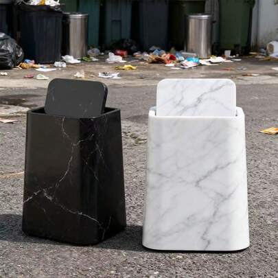 Nordic Style Marble Patterned Lidded Trash Can, Luxury And Creative Odor-Proof Storage Bin For Living Room & Bedroom At Home