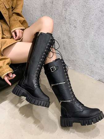 Vintage Brown Knee High Combat Boots For Women - Lace Up Chunky Heel Boots With Multiple Zipper Details & Buckle Strap