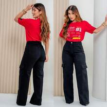Women's Cargo Pants With Wide Leg Marbled Pockets - 黑色貨物 - 查看 1