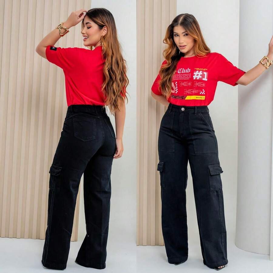 Women's Cargo Pants With Wide Leg Marbled Pockets - 黑色貨物 - 查看 1