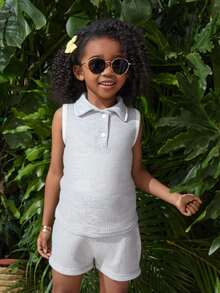 Conjunto Infantil de DoS Pieza para Niña – Polo sin Mangas y Short en Colores Vibrantes - Gris - Ver 1