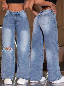 Jeans de mezclilla desgastados para adolescentes, pantalones rectos sueltos de estilo vintage Y2K, para uso casual diario, adecuados para la escuela, salir con amigos, fiestas