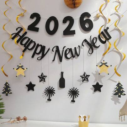 GOTT NYTT ÅR 2026, festdekoration, banderoll med svarta och guldfärgade bokstäver, siffror, vinflaska, fyrverkerier, klocka, vimpel, väggdekoration