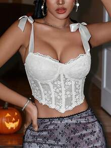 Apperloth A 复古花卉蕾丝系肩露背带骨紧身胸衣塑身衣短款上衣优雅性感音乐节 - 白色 - 查看 2