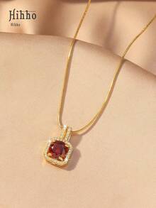 Hihho 1 件优雅红色锆石项链，高端蛇骨链吊坠项链，适合女士 - 紅色 - 查看 6
