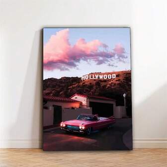 1 Piece Of Twilight Sunset Pink Cloud Mural - Vibrant Landscape Painting, Classic Car, Peaceful Pink Sky Sunset Scene, High-Quality Printed Decoration For Living Room, Bedroom And Office - Modern Minimalist Home Decoration, Brightly Colored Artwork, Frameless Art,