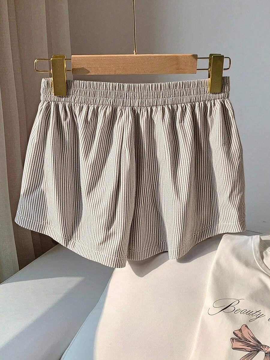 Pantalones cortos casuales con estampado de rayas y cintura elástica para mujer - Marrón Mocha - Ver 1
