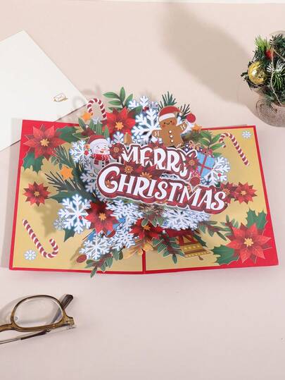 1pc Exquisite Flower Pattern Three-Dimensional Christmas Card, Flower Bush And Snowflake Pattern Creative Holiday Greeting Card Handmade Gift, Party Invitation Card Surprise Gift For Friends(With Envelope)