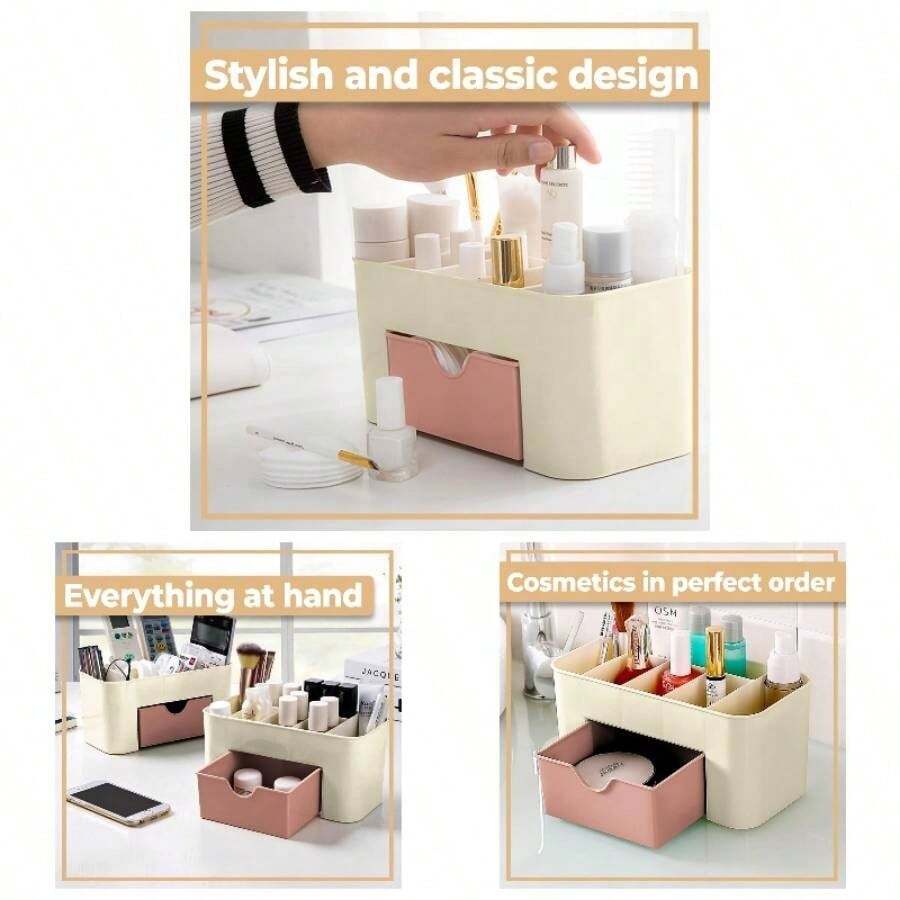 Organizador de cosmticos con cajn y seis compartimentos para maquillaje, caja de almacenamiento para bao, oficina, cocina, almacenamiento de tocador cosmtico, organizador para esmalte de - Beis - Ver 1