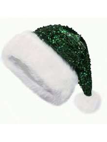 1 Stück Weihnachts-Paillettenkappe des Weihnachtsmanns - Doppellagige glitzernde Polyestermütze mit Plüschverzierung, Weihnachtsmütze, mit rotem Stoff und weißer Fellverzierung, geeignet als Weihnachtsparty-Accessoire und Feiertags-Dekoration, besonders für Zusammenkünfte und Neujahrsfeiern, nicht elastisch, nur von Hand waschbar, gestrickt, ohne Federn, geeignet als Erwachsenen-Feiertags-Kopfbedeckung