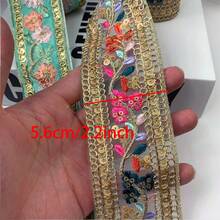 1条花卉刺绣蕾丝缎带，2/10码布料饰边，适用于DIY手工、缝纫用品、家居装饰、礼品包装 - 金色和绿色，蕾丝缎带 - 綠色+金色 - 查看 3