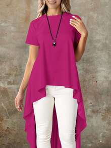 Blusa casual para mujer asimétrica diseño High Low tela lisa holgada cuello redondo manga corta primavera verano ocasiones versátiles blusa larga - Rosa Fucsia - Ver 2
