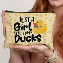 1pc Cute Duck Cosmetic Bag With "Just A Girl Who Loves Ducks" Design - Yellow & White Duck Pattern Makeup Pouch, Portable Travel Toiletry Organizer For Women, Girls, Duck Lovers (Birthday Gift For Daughter, Sister, Friends)