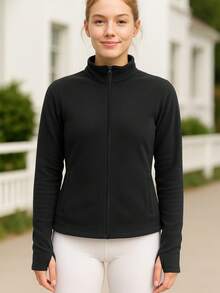 Women's Autumn/Winter Sports Jacket, Slim Fit Long Sleeve Top, Soft & Comfortable Sherpa Collar Zip-Up, Suitable For Gym, Running, Commuting And Casual Daily Wear - Black - View 4