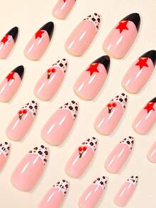 Instantly Upgrade Your Look With 96pcs Press On Nails Almond Y2K Star Cherry Leopard Black French Tip Nails Full Coverage Fake Nails For Women And Girls Includes 1sheet Adhesive Tabs & 1pc Mini Files Suitable For Autumn And Winter Seasons Party Date And Office Daily Wear False Nails Jelly Glue Is Randomly Shipped