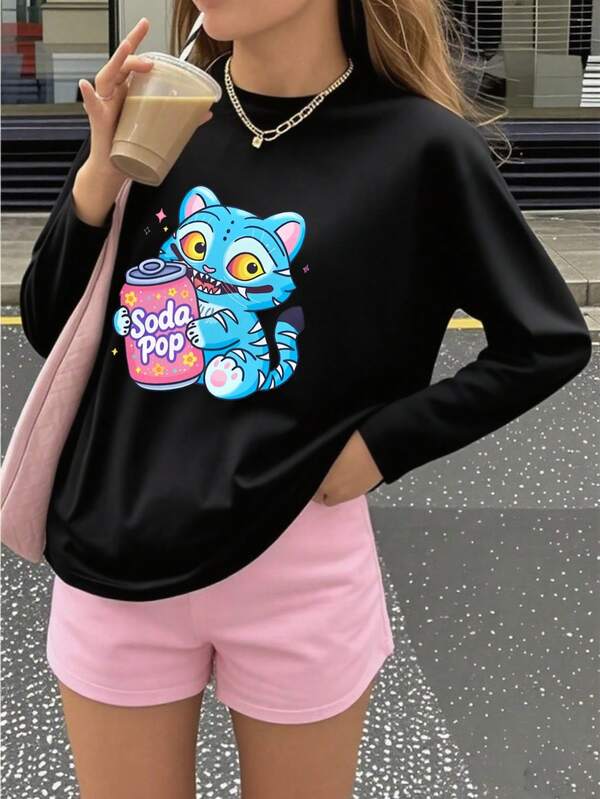 Camiseta de manga larga con cuello redondo y estampado gráfico para niña preadolescente, parte superior de otoño/invierno