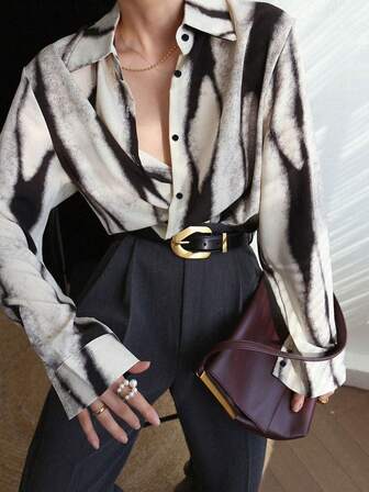 Fashionable And Elegant Commuting H-Shaped Long-Sleeved Printed Lapel Women's Spring And Autumn Shirt